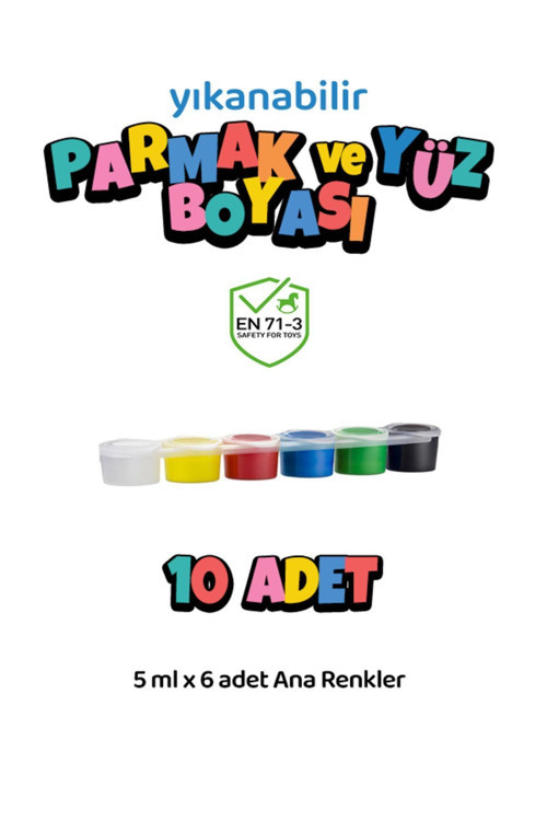 10 Adet Yıkanabilir Yüz Boyası Oyun Amaçlı 6'Lı Mini Set Ana Renkler Yüksek Kalite 6X5Ml