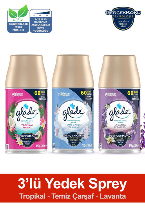 Oda Kokusu Yedek Sprey Tropikal Floral, Temiz Çarşaf Ferahlığı, Lavanta Ferahlığı 3 X 269 Ml./175Gr.