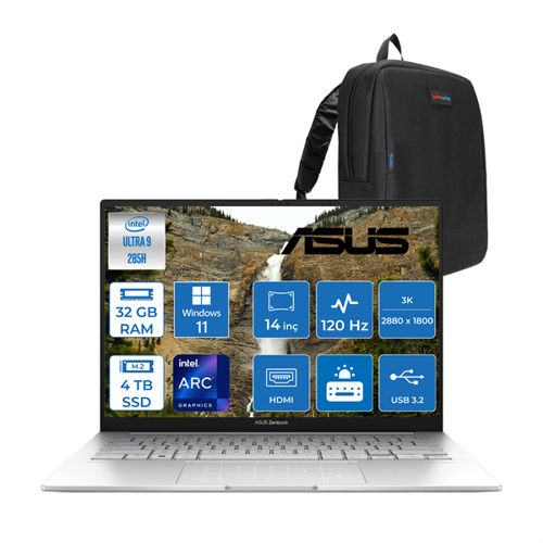 Zenbook 14 Intel Core Ultra 9 285H 32GB LPDDR5X 4tb 14" 3k OLED 120Hz 600NIT Intel Arc Graphics Windows 11 Pro Taşınabilir Bilgisayar UX3405CAP04 + Zettaçanta