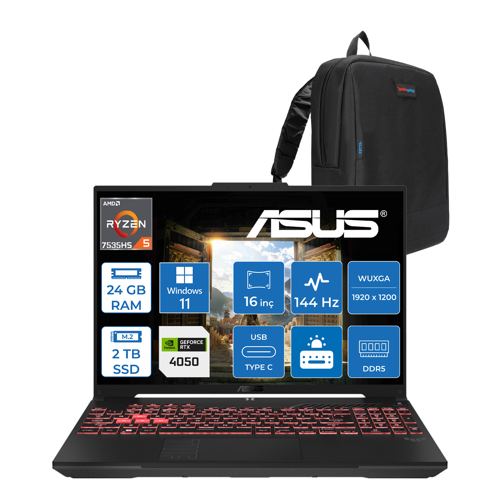 Tuf A16 FA607NU Amd Ryzen™ 5 7535HS 24GB Ddr5 2tb SSD 6GB/RTX4050 140W 16" FHD+(1920 x 1200, Wuxga) 144Hz Windows 11 Home Laptop WRL095H07+ZETTAÇANTA
