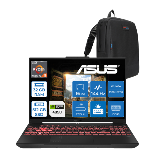 Tuf A16 FA607NU Amd Ryzen™ 5 7535HS 32GB Ddr5 512GB SSD 6GB/RTX4050 140W 16" FHD+(1920 x 1200, Wuxga) 144Hz Freedos Laptop WRL095F09+ZETTAÇANTA