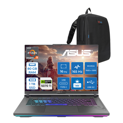 Rog Strix G16 G614PR-RV050 Amd Ryzen 9 8940HX Aı 80GB GB 1tb 12GB/RTX5070Tİ Gddr7 140W 16" Wuxga 165Hz 300NİTS Freedos Gaming Laptop WRV050F35+ZETTAÇANTA