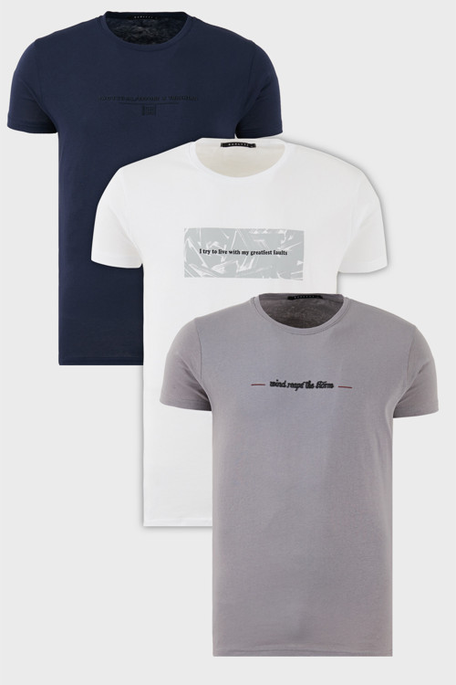 Pamuklu Slim Fit Bisiklet Yaka Baskılı 3'lü Paket Erkek T Shirt 541S31 Açık Gri-Beyaz-Lacivert