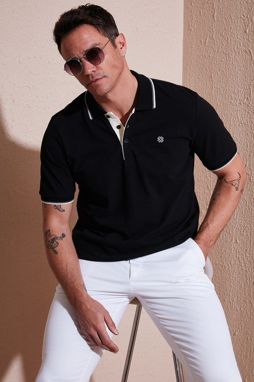 % 100 Pamuk Düğmeli Slim Fit Erkek Polo Yaka T Shirt 5902118 SİYAH-BEYAZ