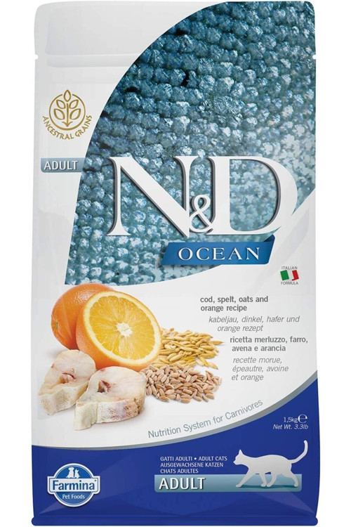 Nd Ocean Morina Balıklı Kılçıksız Buğday Yulaf Ve Portakallı Yetişkin Kedi Maması - 1,5 Kg
