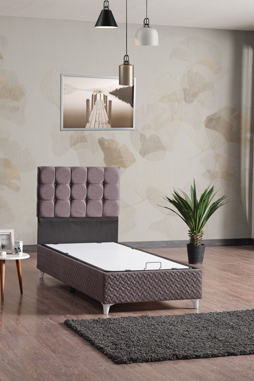 Bengü Tek Kişilik Baza Başlık Set Gri 90*190