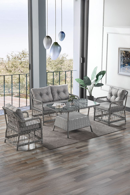Breda Rattan Örgü Bahçe Balkon Takımı 2+1+1 Cam Masalı Gri