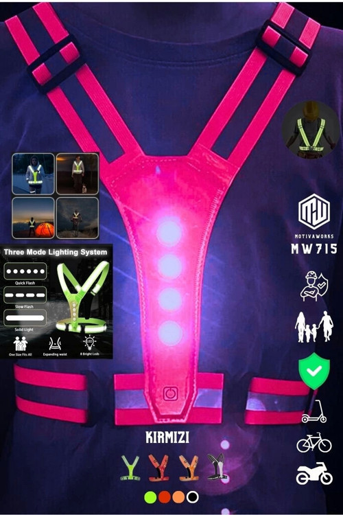 Reflektif Işıklı Yelek Kırmızı Fosforlu Neon Bisiklet, Motosiklet,Scooter Gece İkaz Uyarı Reflektör