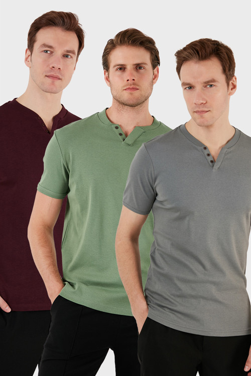 Pamuklu Düğme Detaylı Slim Fit V Yaka 3'lü Paket Erkek T Shirt 5902122S3 Elma Yeşili-Vişne-Açık Haki