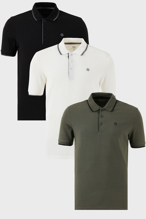 Pamuklu Slim Fit Şerit Detaylı Düğmeli Polo Yaka 3'lü Paket Erkek T Shirt 5902118S3 SİYAH-BEYAZ-HAKİ