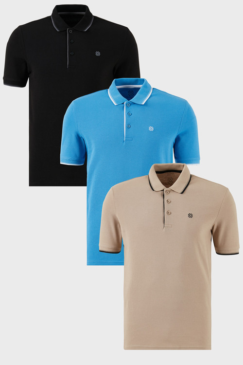 Pamuklu Slim Fit Şerit Detaylı Düğmeli Polo Yaka 3'lü Paket Erkek T Shirt 5902118S3 Siyah-Vizon-Koyu Mavi