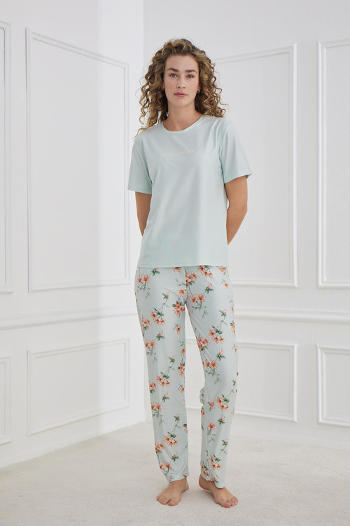 Kadın Çiçek Desenli Bisiklet Yaka Pijama Takım | Mint 30102-1286