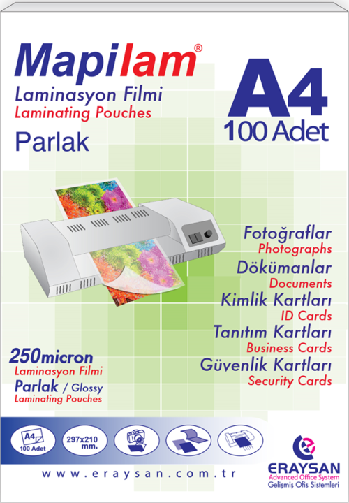 LAM 250 MİC. PARLAK LAMİNASYON FİLMİ (A4)100 LÜ