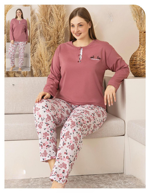 Kadın Büyük Beden Düğme Yaka Penye Uzun Kol İnce Pijama Takımı P135 - 1 Adet