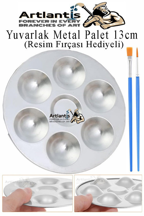 Yuvarlak Metal Palet 1 Adet Metal Boya Paleti 7 Hazneli 13 cm Paslanmaz Resim Boyama Paleti Fırça Hediyeli