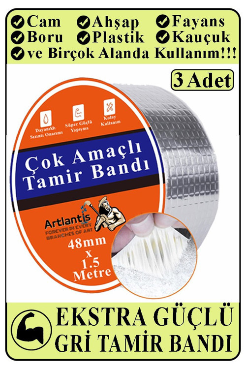 Çok Amaçlı Tamir Bandı 3 Adet Su Geçirmez Sızdırmaz Isıya Dayanıklı Sakız İzole Gri Tamir Bant 48mm 1.5 Metre