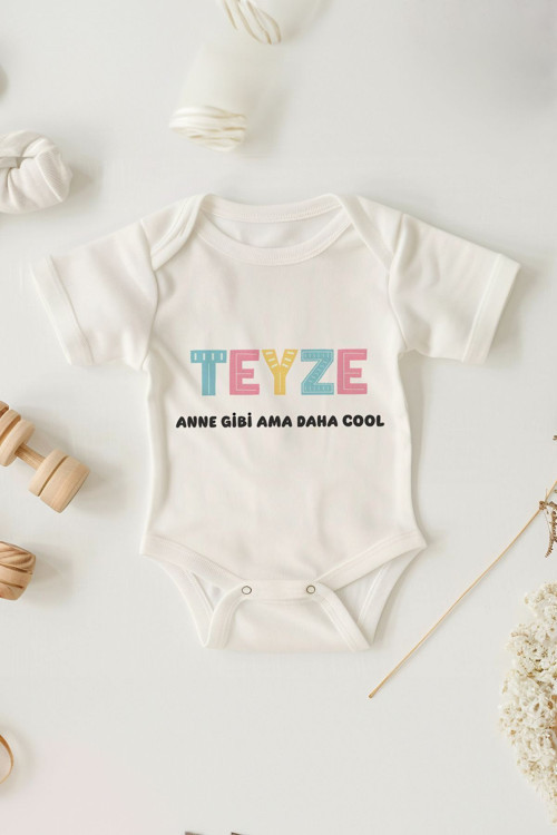%100 Pamuk Kısa Kollu Anne Gibi Ama Daha Cool Desenli Çıtçıtlı Bebek Body Zıbın Beyaz Teyze