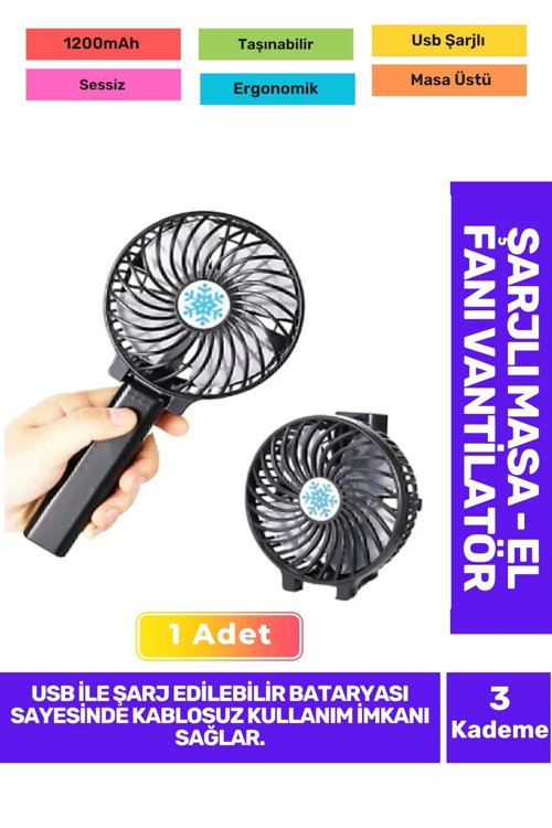 Ultra Sessiz 3 Kademeli Hafif Kablosuz 1200mAh Pervaneli Taşınabilir Usb ŞarjlMasa El Fan Vantilatör