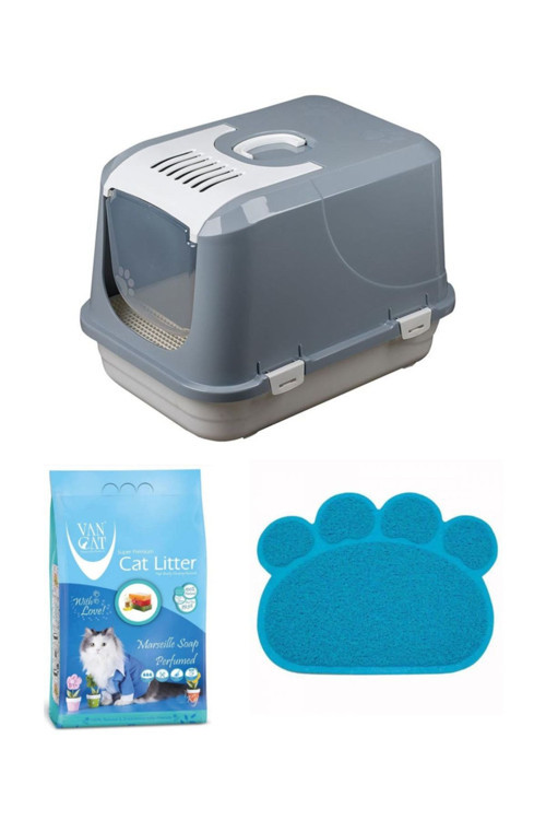 Büyük Xxl Kapalı Tuvalet A Kalite Gri 65X50X45 +Vancat 10 Kg Kedi Kumu+ Kedi Paspası