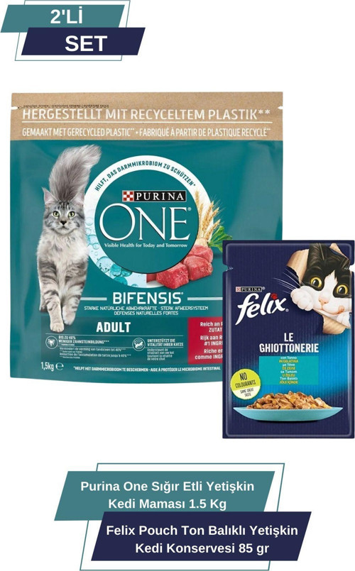 Purina One Sığır Etli Yetişkin Kedi Maması 1.5 Kg & Felix Pouch Ton Balıklı Yetişkin Kedi Konservesi