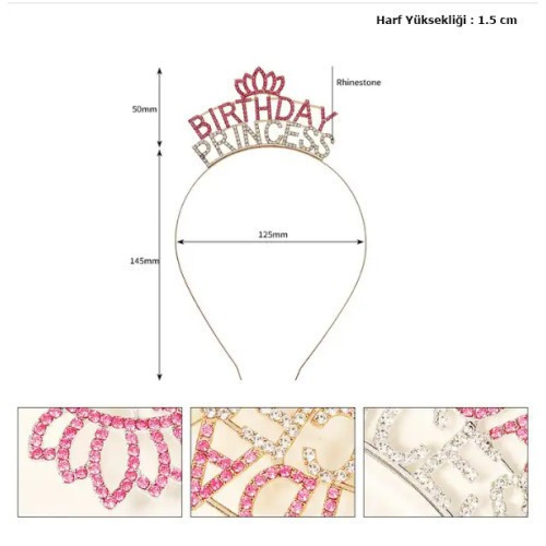 Büro Ev Ofis Etkinlik Gösteri Kostüm Tacı için Pembe Kristal Taşlı Birthday Princess Yazılı Taç
