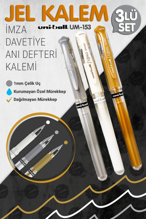 Uni-Ball Um-153 Signo Broad Roller Kalem (GOLD,GÜMÜŞ,BEYAZ) 1.0 mm Davetiye Kalem Seti 3 lü /Beyaz Yazan Davetiye Anı D