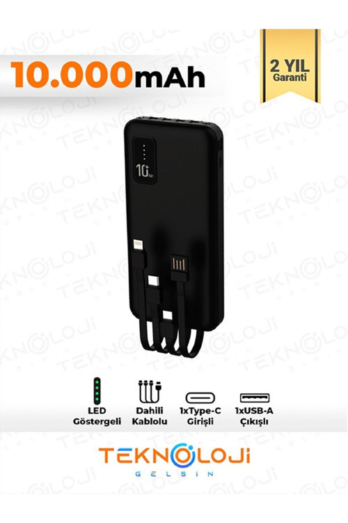 10.000 Mah Powerbank Elfenerli Dijital Led Gösterge Kendinden Kablolu Taşınabilir Şarj Aleti 4 Çıkış