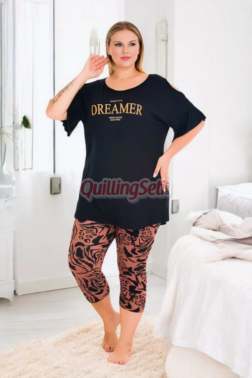 Siyah Renkli Ve Desenli 10733 Pamuklu Büyük Beden Tayt Ve Kapri Anne Pijama Takımı
