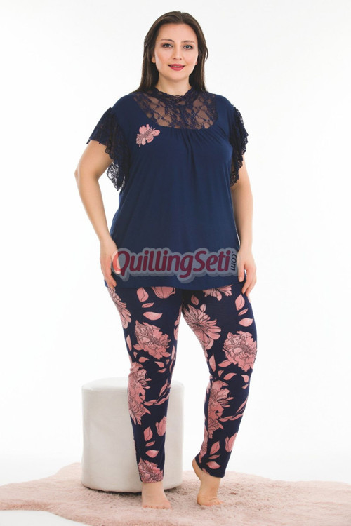 Lacivert Renk Çiçek Desenli Lady 10924 Kısa Kollu Kadın Büyük Beden Pijama Takımı