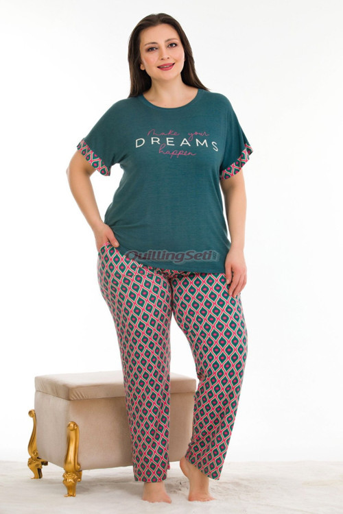 Koyu Yeşil Renk Ve Desenli Lady 10932 Kısa Kollu Kadın Büyük Beden Pijama Takımı