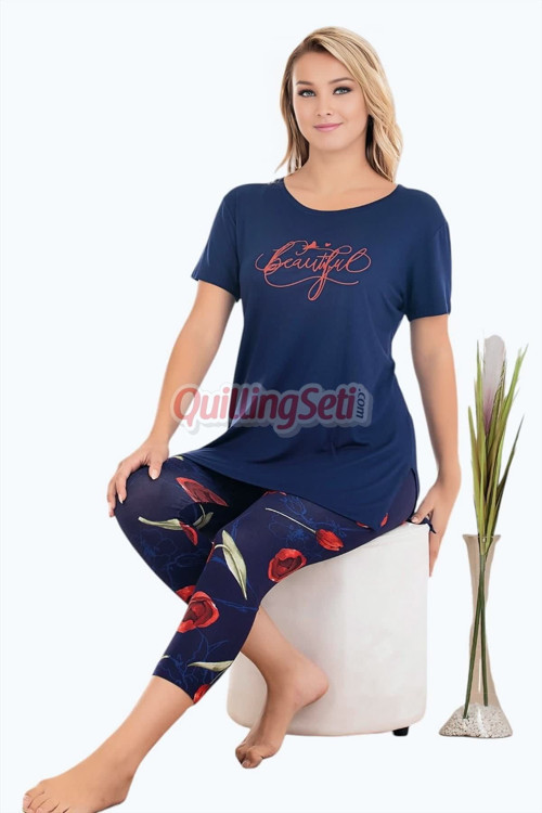 Lacivert Renk Ve Çiçek Desenli Pamuklu Kadınların Tercihi Lady 12074 Kapri Ve Taytlı Pijama Takımı