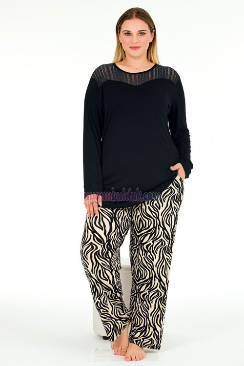 Siyah Renkli, Zebra Desenli Lady 11388 Kadın Uzun Kol Büyük Beden Anne Pijama Takımı