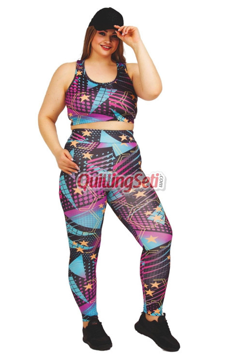 Yıldız Desenli Mavi-Siyah Renkli Lady 1502 Kadın Büyük Beden Büstiyerli Spor Taytlı Takım