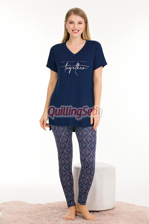 Lacivert Renk Ve Desenli Lady 12576 Pamuk Viskon Kadın Kısa Kol Lady Pijama Takımı