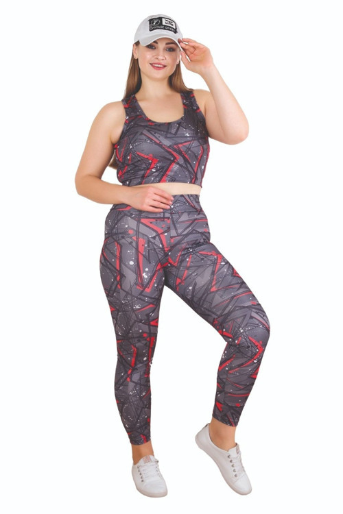 Geometric Desenli Siyah Renkli Lady 1508 Kadın Büyük Beden Büstiyerli Spor Taytlı Takım