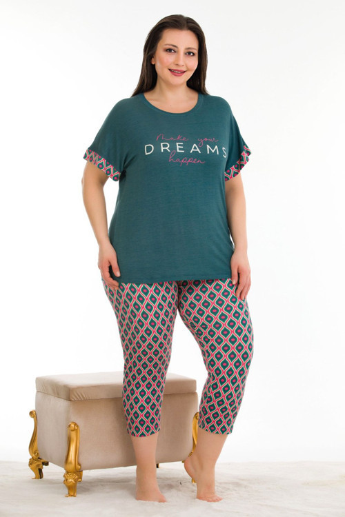 Yeşil Renk Ve Desenli Lady 10676 Kadın Kısa Kol Kaprili Büyük Beden Pijama Takımı