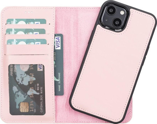 Apple iPhone 13 Uyumlu Deri Cüzdanlı Kılıf NU2 Pembe