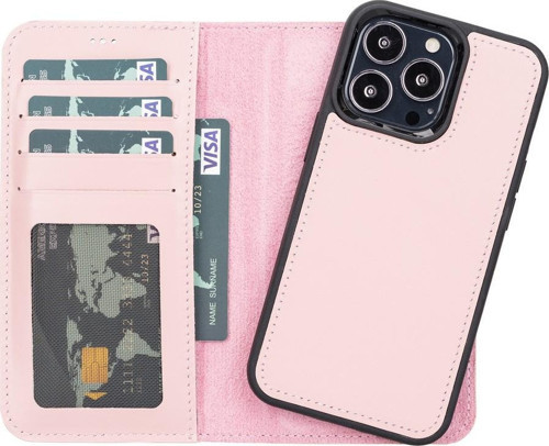 Apple iPhone 13 Pro Uyumlu Deri Cüzdanlı Kılıf NU2 Pembe