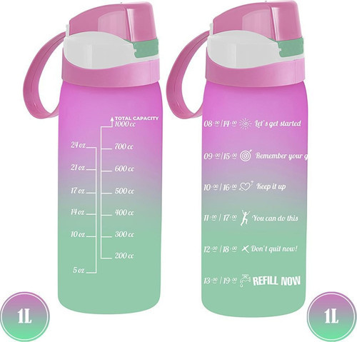 İkili 1 lt Motivasyon Askılı Matara Seti Pembe & Yeşil