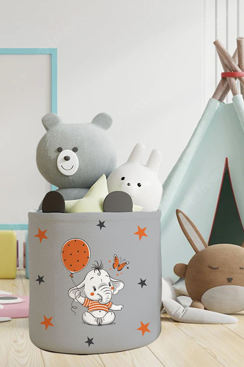 Turuncu Balon Fil Desenli Çocuk Ve Bebek Odası Düzenleyici Oyuncak Veya Kirli Sepeti Tlas-140