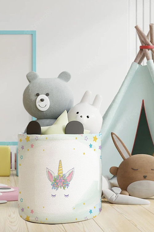 Beyaz Unicorn Desen Çocuk Ve Bebek Odası Düzenleyici Oyuncak Veya Kirli Sepeti Tlas-076