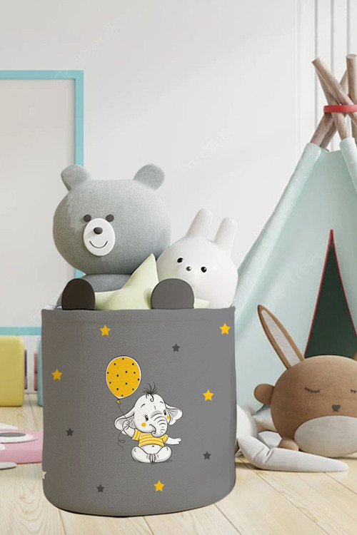Gri Balon Ve Fil Desenli Çocuk Ve Bebek Odası Düzenleyici Oyuncak Veya Kirli Sepeti Tlas-122