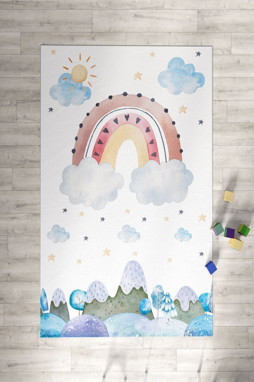 Bulutlar Ve Gökkuşağı Desenli Çocuk Ve Bebek Odası Dekoratif Halı Tlh-309