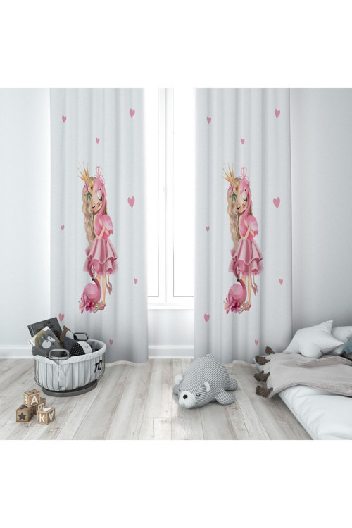Prenses Ve Flamingo Desenli Çocuk Ve Bebek Odası Fon Perdesi 2 Kanat Tla-230