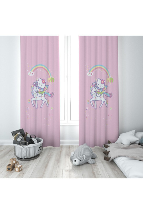 Kedi Ve Unicorn Desenli Çocuk Ve Bebek Odası Fon Perdesi 2 Kanat Tla-246