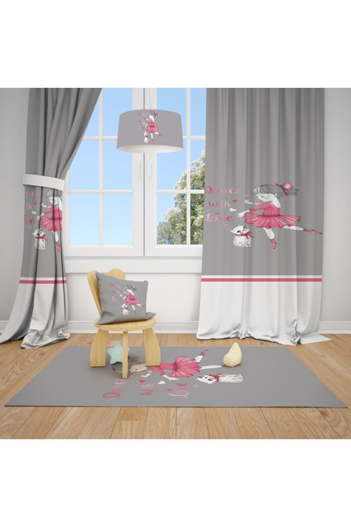 Balerin Kız Ve Kedi Desenli Çocuk Ve Bebek Odası Fon Perdesi 2 Kanat Tla-217