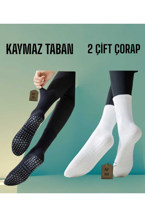2 Çift Yoga Pilates Çorabı Kadın Silikon Kaymaz Taban Pamuk Soket Tenis Çorap Altı Havlu Siyah Beyaz