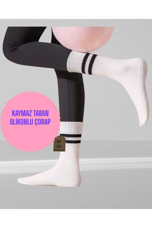 Yoga Pilates Çorabı Tırtıklı Kadın Kaymaz Silikon Taban Pamuklu Soket Tenis Çorap Altı Havlulu Beyaz