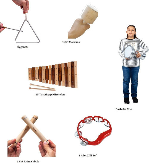Anaokulu Ritim Orff Set Ucgen Zil + Kliselefon + Darbuka + Marakas+ Ritim Çubuk + Zilli Tef