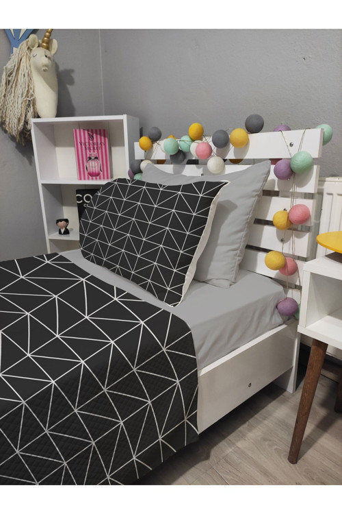 4 Parça Geometri Desenli Lastikli Çarşaflı Tek Kişilik Pike Yatak Örtüsü Takımı